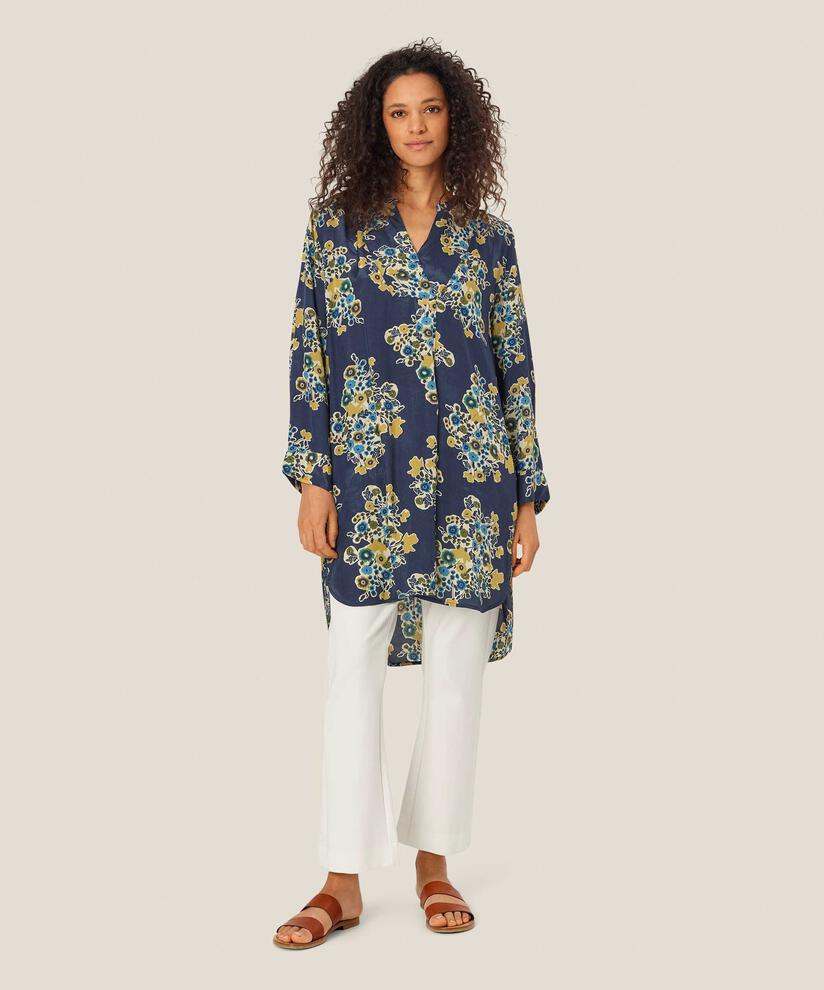 Geblümte Viskose-Tunika mit V-Ausschnitt, Mood Indigo