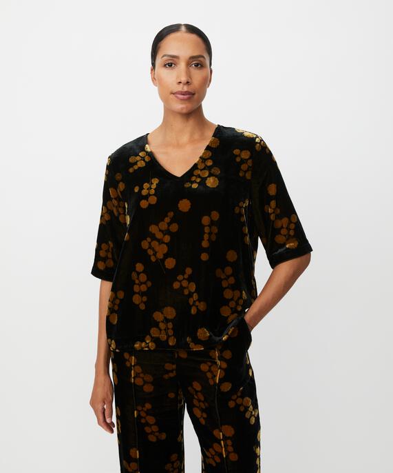 bedruckte Veloursbluse mit 1/2 Ärmeln und V-Ausschnitt, Rubber