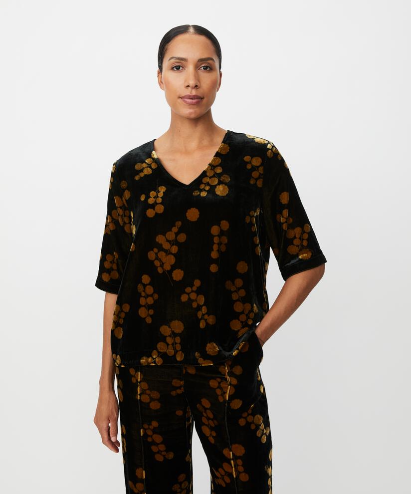 bedruckte Veloursbluse mit 1/2 Ärmeln und V-Ausschnitt, Rubber