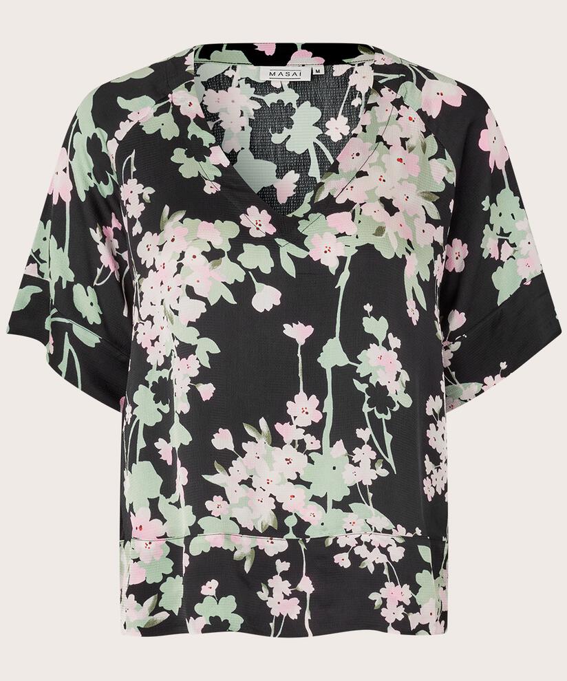 Geblümte Viskosebluse mit kurzen Ärmeln, Pink Lady