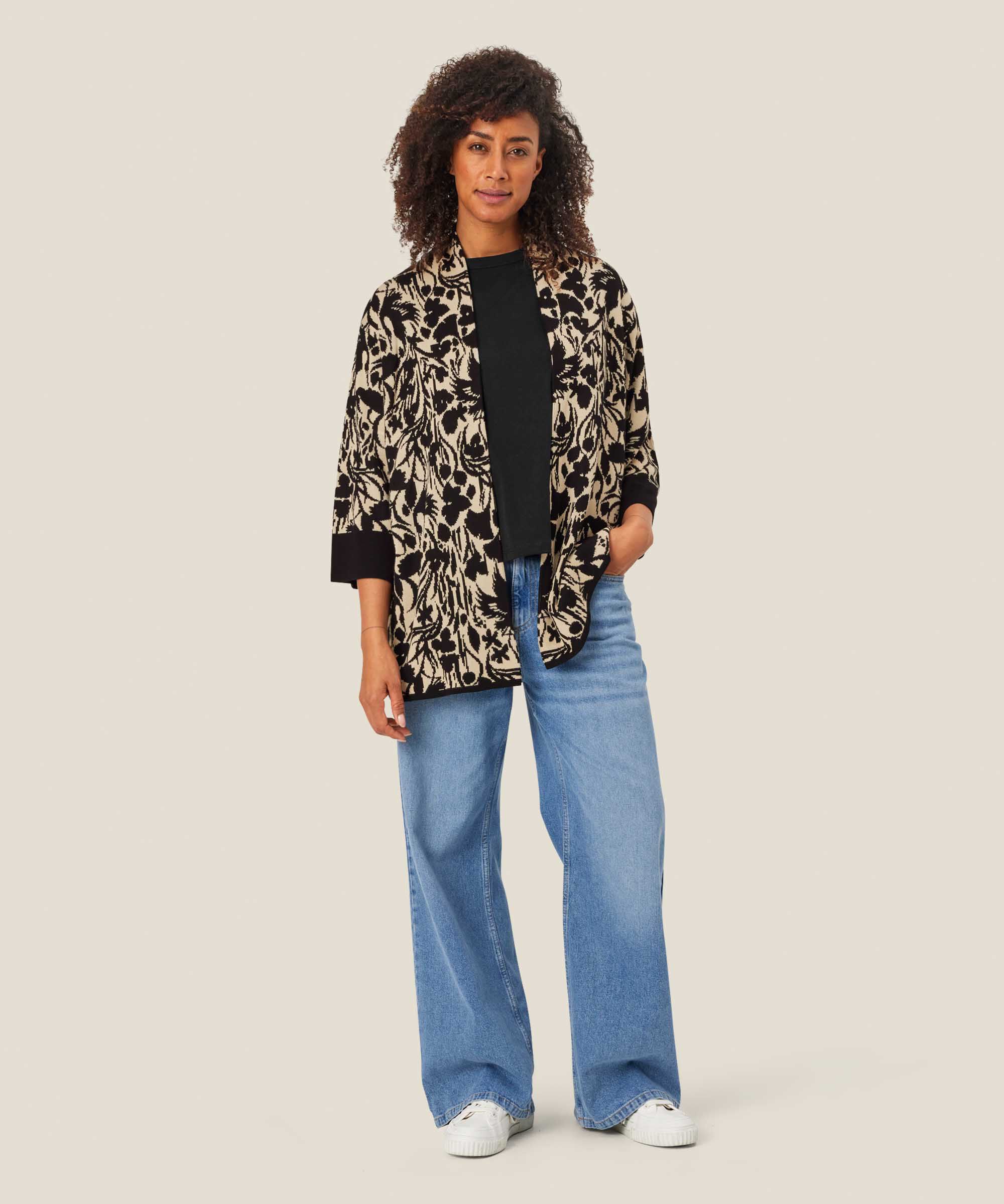 Offener Cardigan mit Strickmuster und kontrastierendem Rand, Black