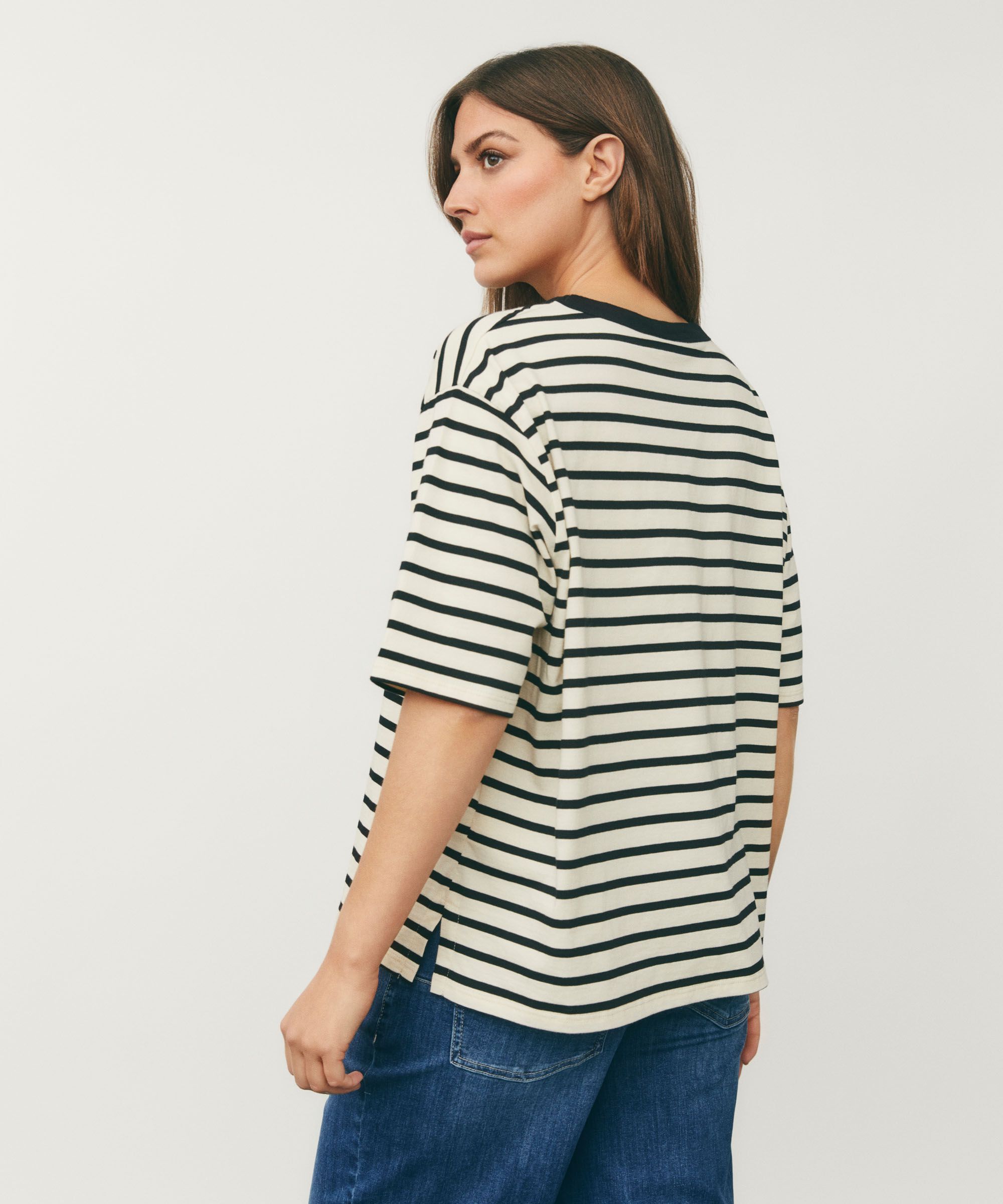 gestreiftes T-Shirt mit Rundhals, Black