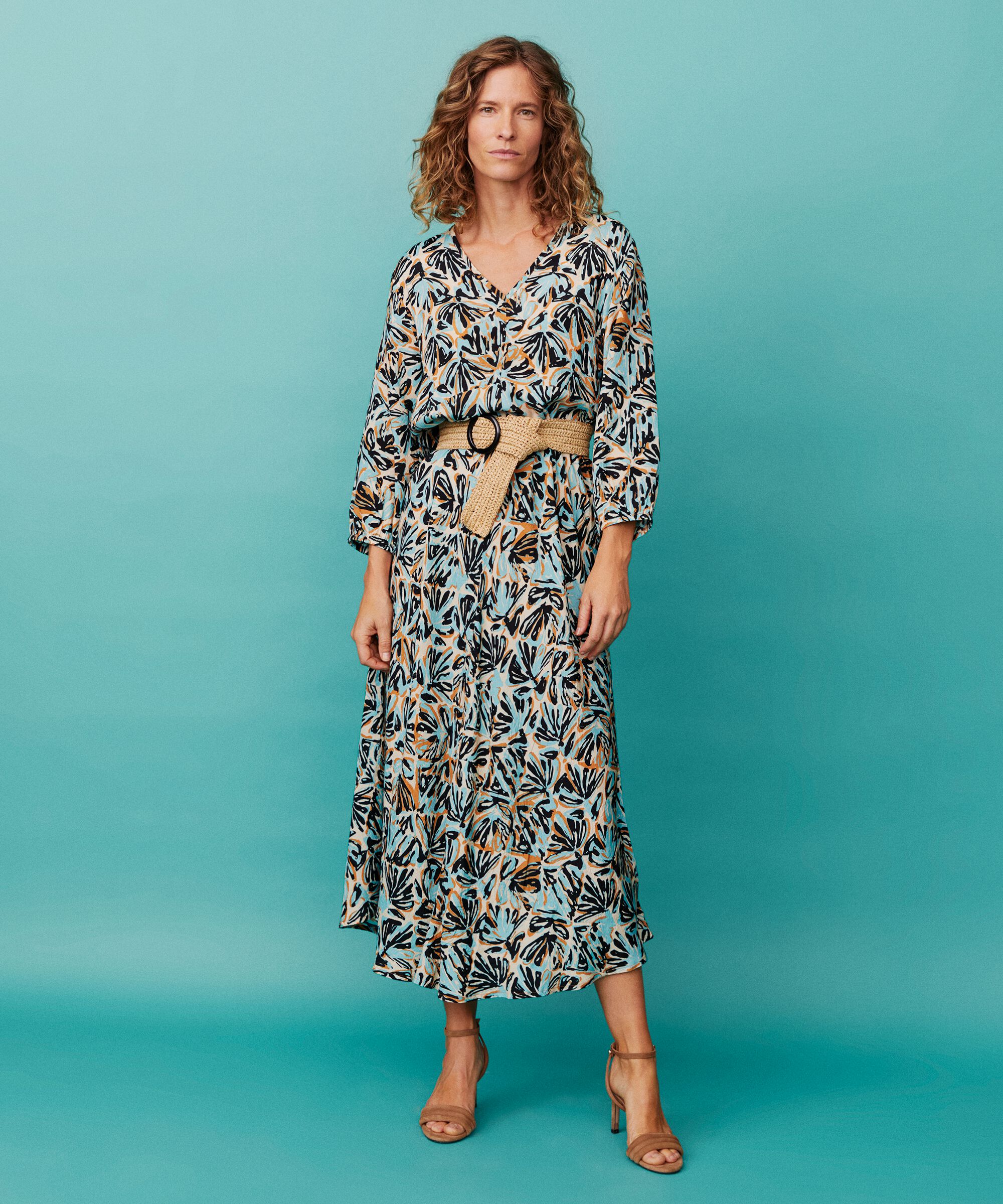 Viskosekleid mit 3/4 Ärmeln und V-Ausschnitt, Aqua