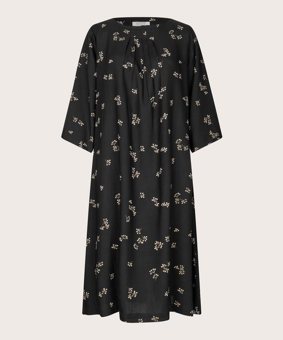 Viskosekleid mit Blumenprint und Falten am Hals, Black