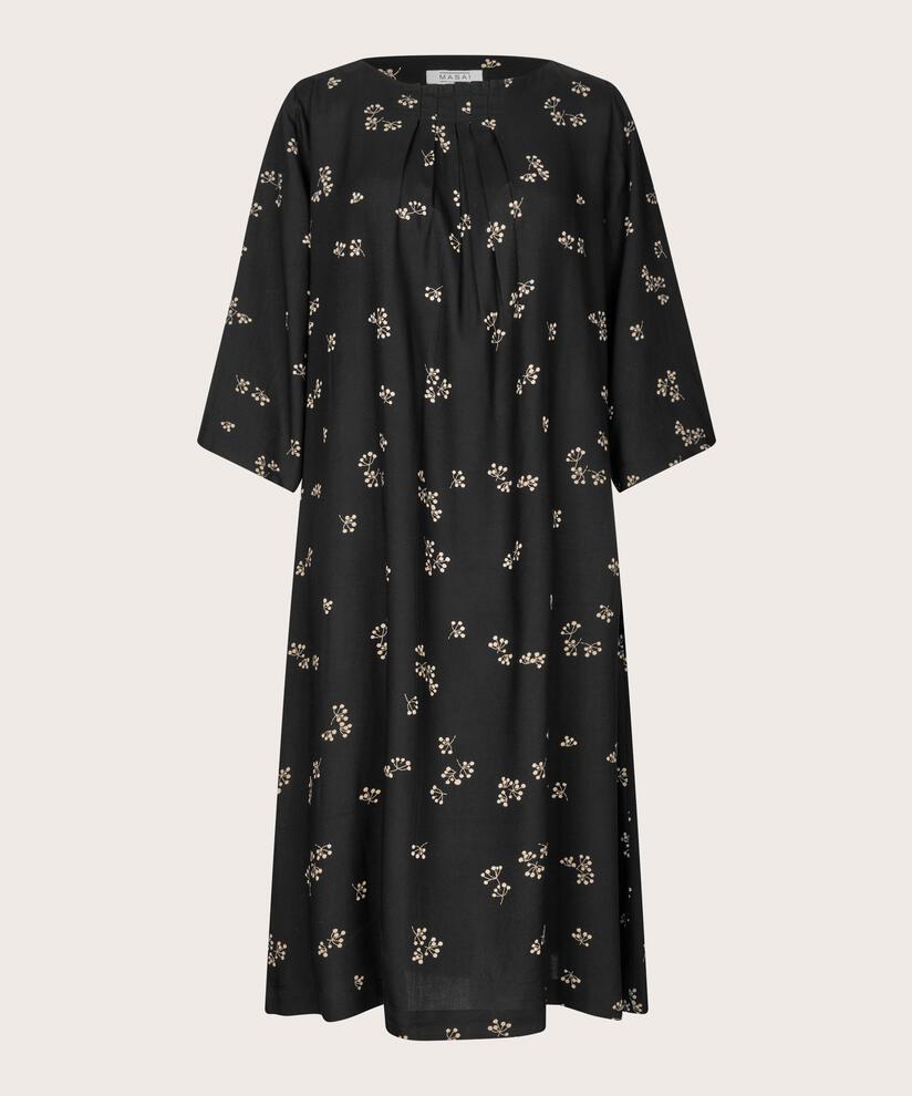 Viskosekleid mit Blumenprint und Falten am Hals, Black