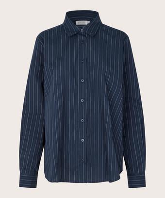 Nadelstreifen-Baumwollhemd mit längerem Rücken, Navy Blazer
