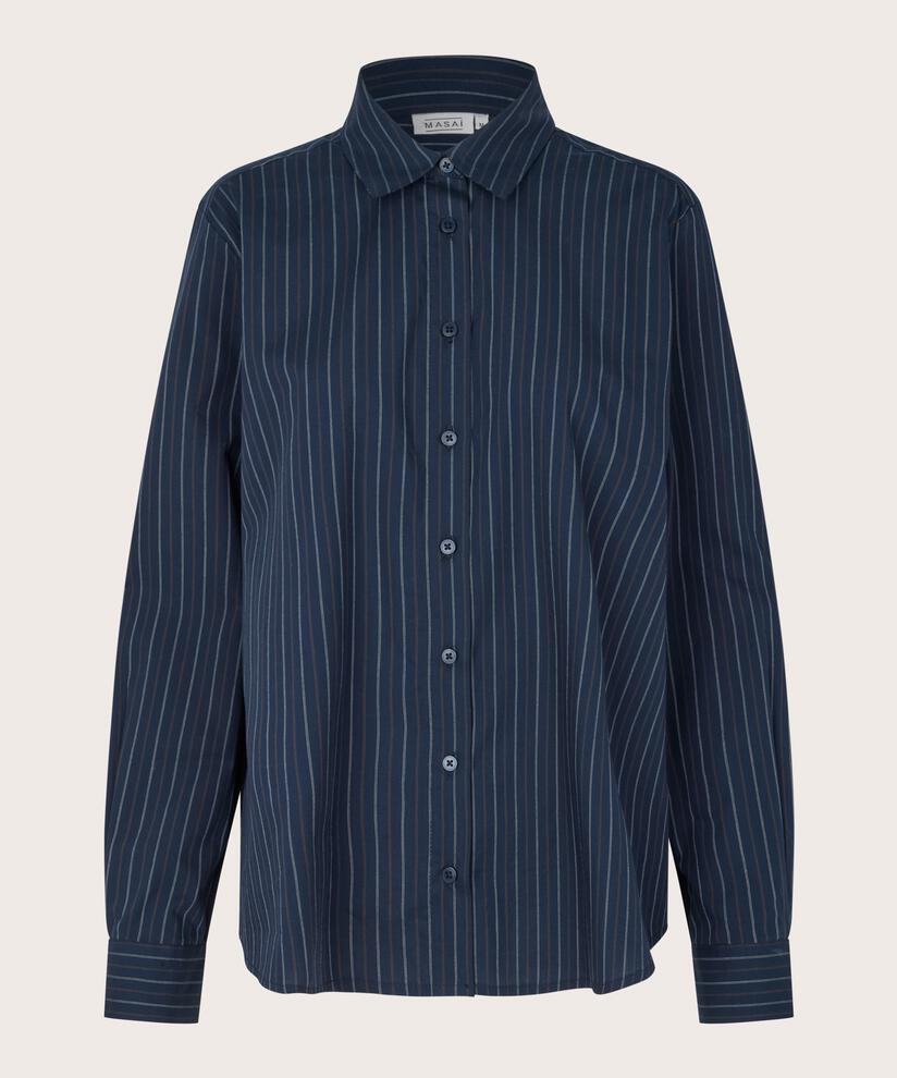 Nadelstreifen-Baumwollhemd mit längerem Rücken, Navy Blazer