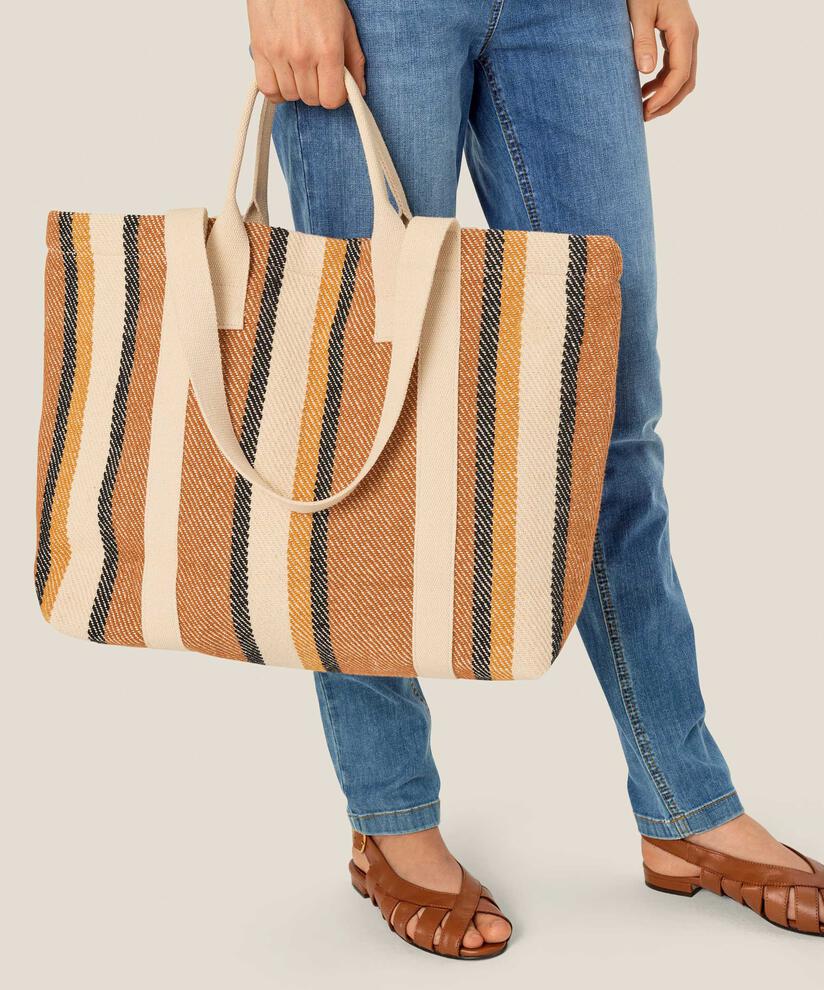 gestreifter Baumwoll-Shopper mit Knopfverschluss, Cashew