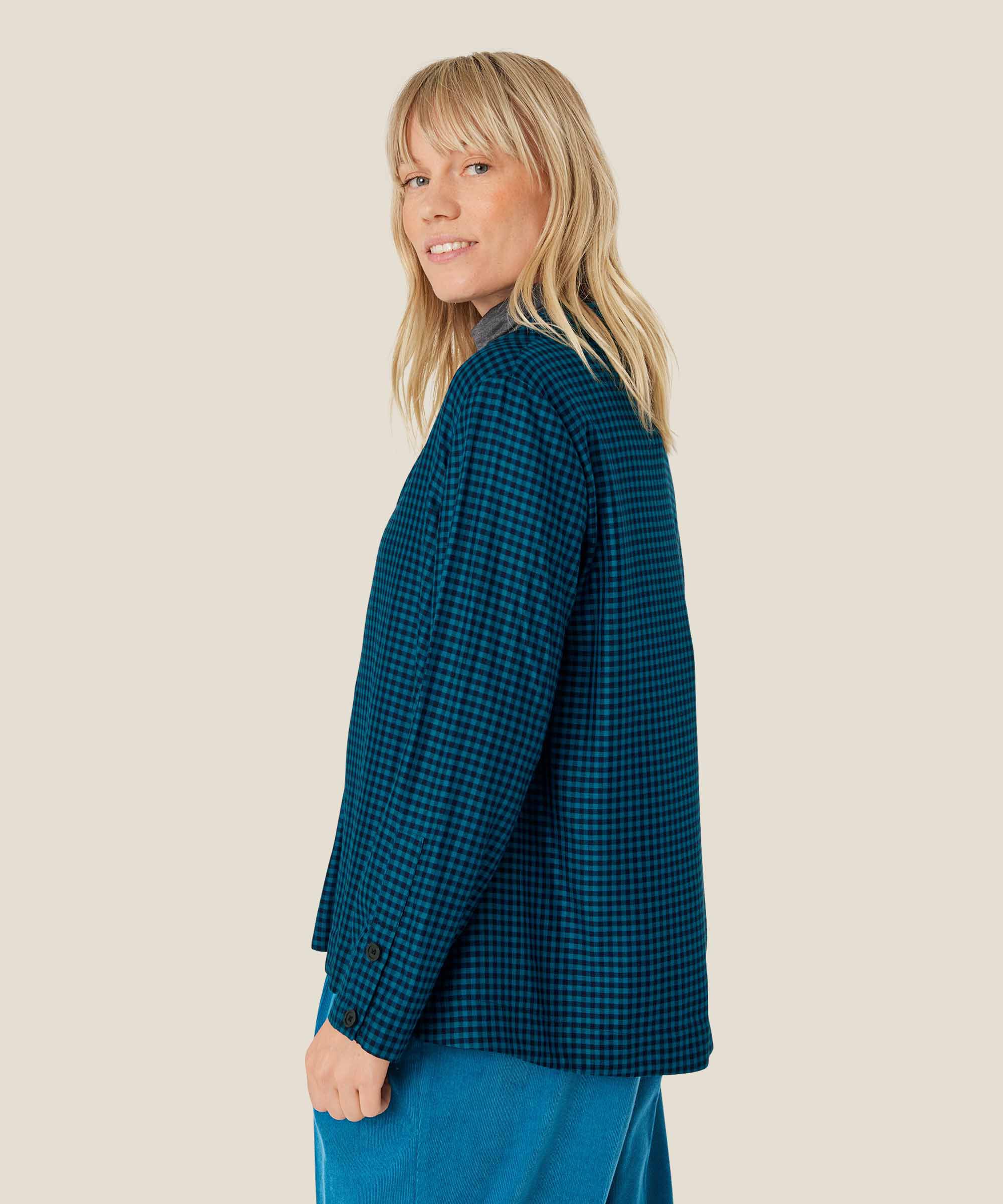 Karierte Viskosebluse mit Knopfdetail, Celestial