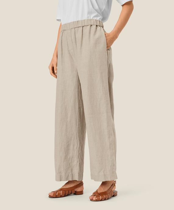 Weite Leinenhose mit elastischem Bund, Natural