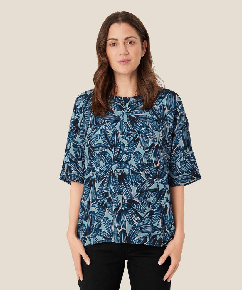 Bedruckte Viskosebluse mit Knopf am Hals, Teal