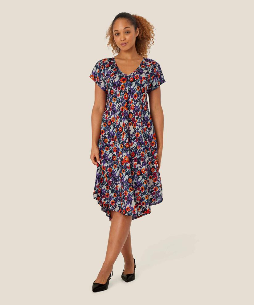 Bedrucktes Viskosekleid mit V-Ausschnitt, Meadow Violet