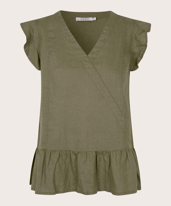 Top aus Leinen mit V-Ausschnitt und Rüschen, Dusky Green