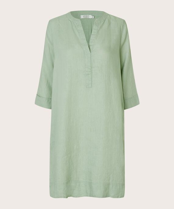 Leinenkleid mit V-Ausschnitt und Eingrifftaschen, Frosty Green
