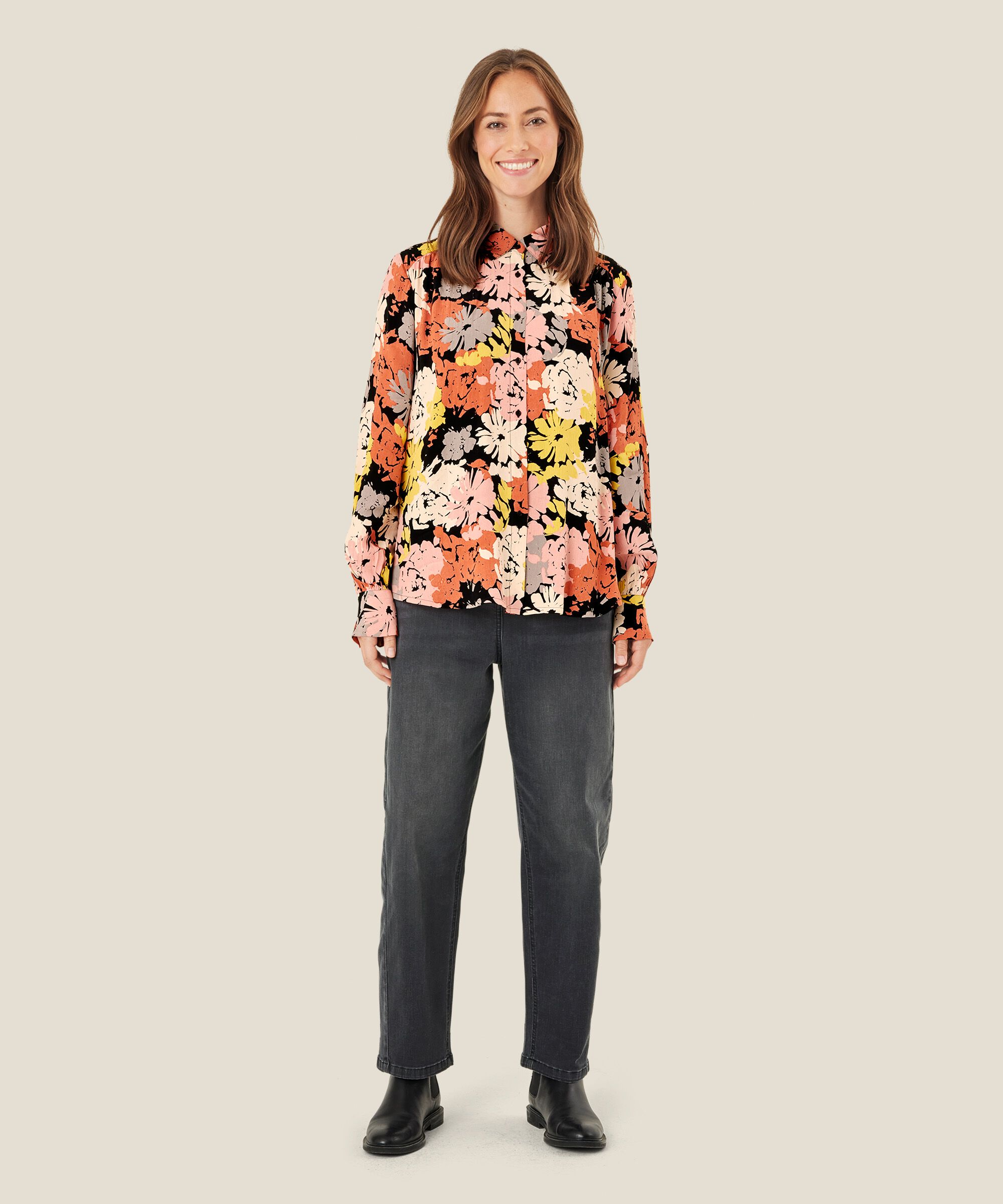 Viskosehemdbluse mit Blumendruck, Oil Yellow