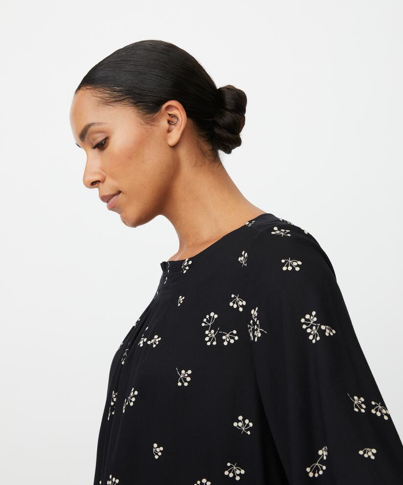 Viskosekleid mit Blumenprint und Falten am Hals, Black