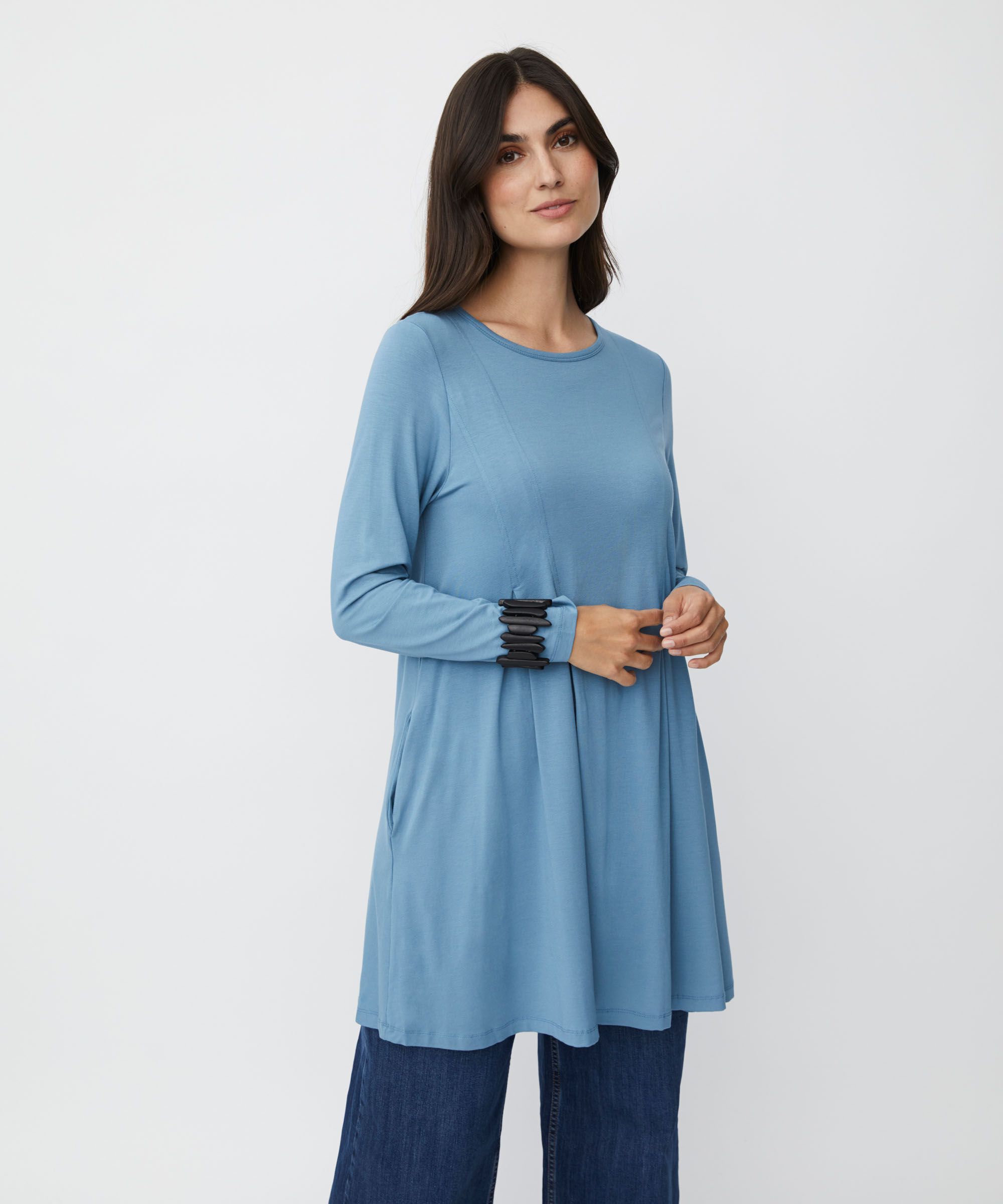 Jersey-Tunika mit Falten und Eingrifftaschen, Proven Blue