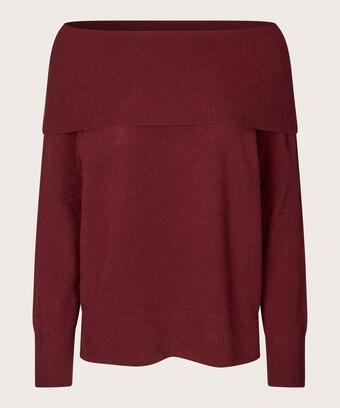 schulterfreier Strickpullover mit gerippten Kanten, Tawny Port