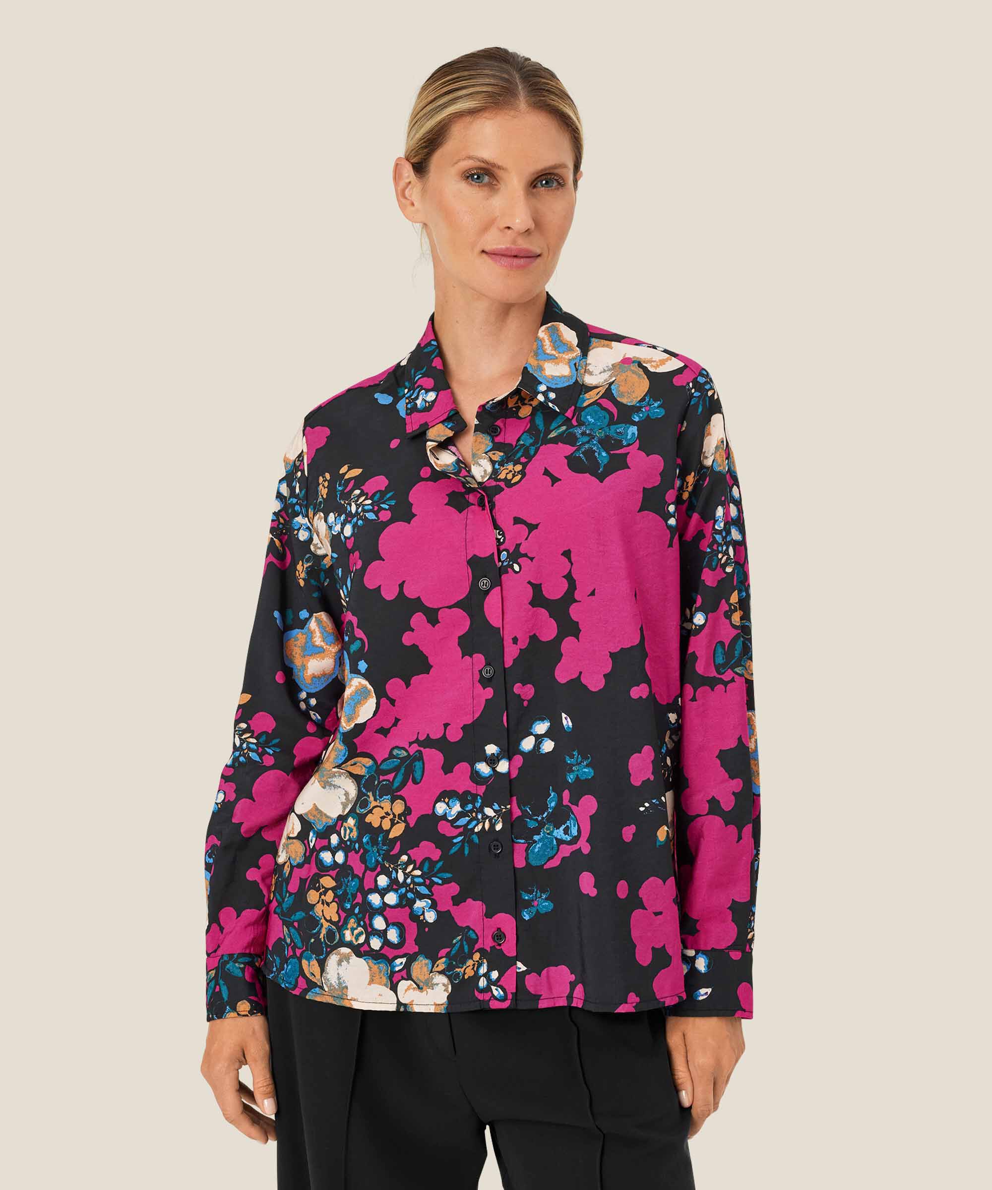 Bedrucktes Viskosehemd mit Falten auf der Rückseite, Fuchsia Red