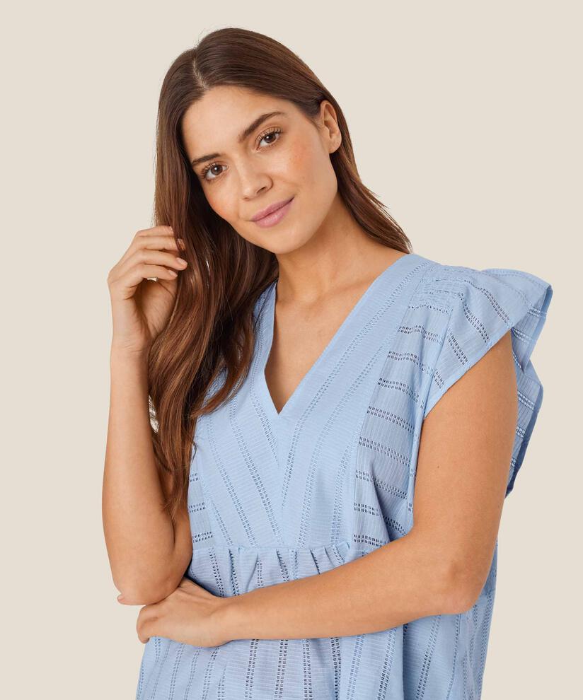 Top aus Baumwolle mit Hohlmuster und V-Ausschnitt, Cel Blue