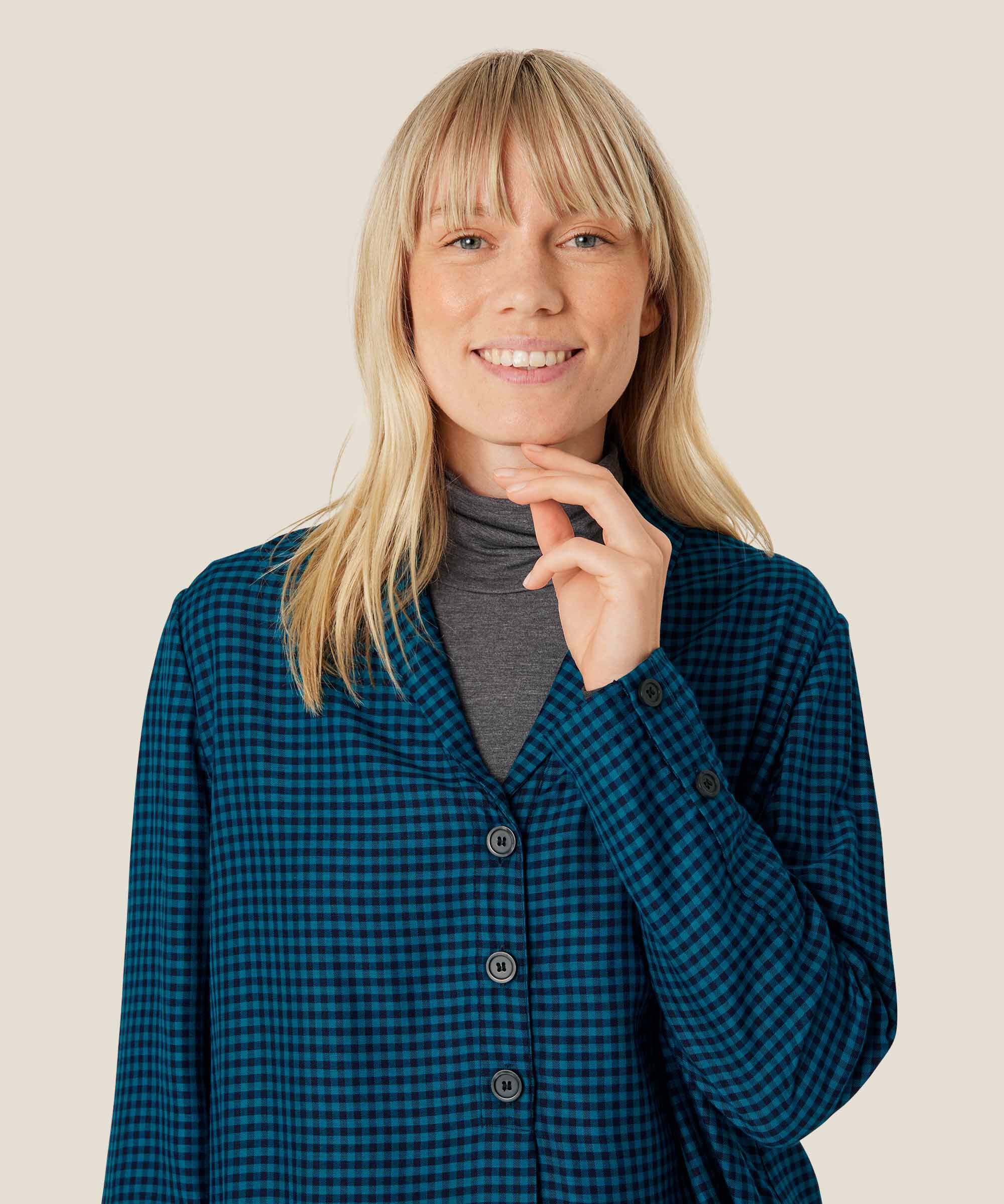 Karierte Viskosebluse mit Knopfdetail, Celestial