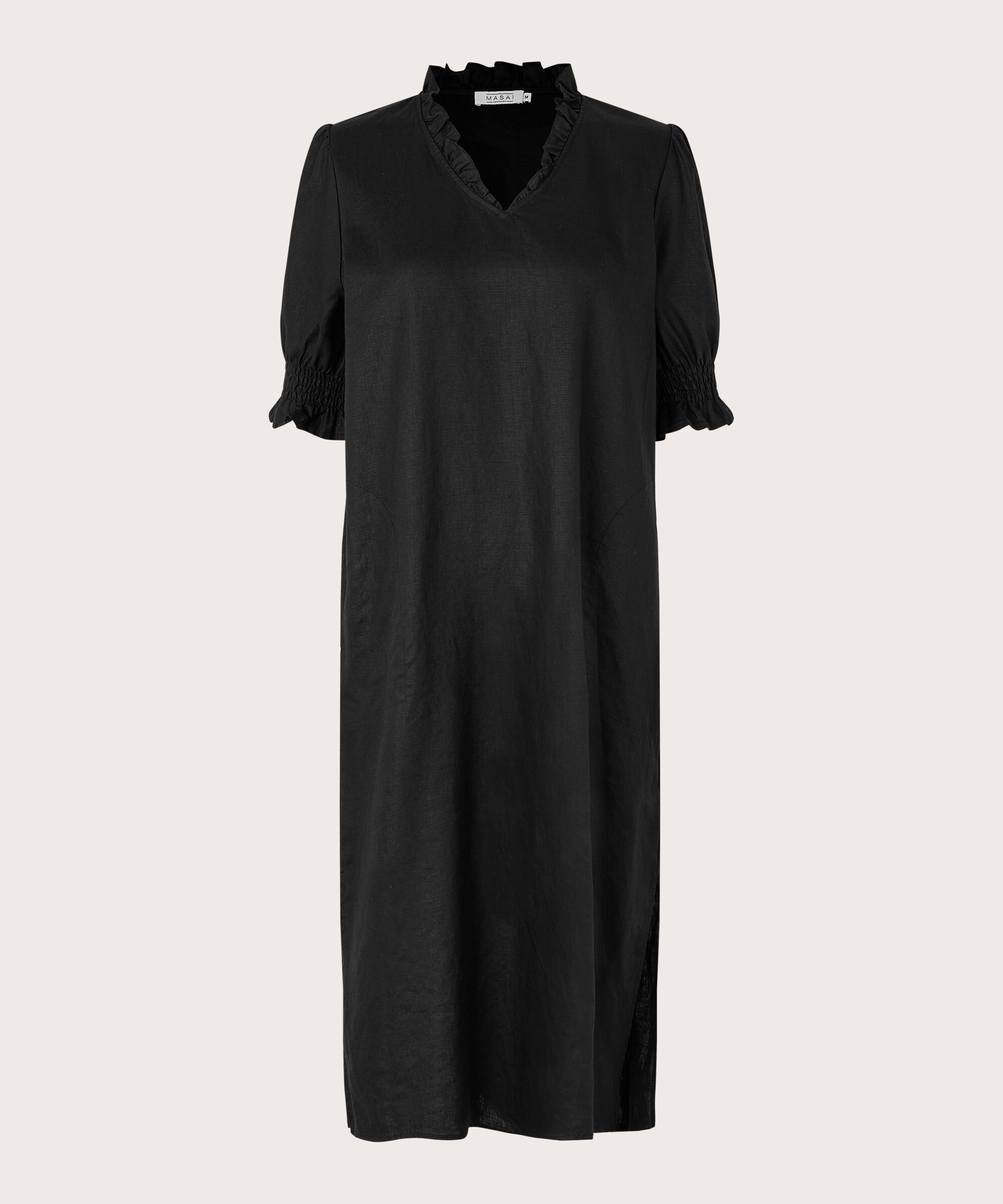 kurzärmliges Leinenkleid mit gerüschtem Ausschnitt, Black