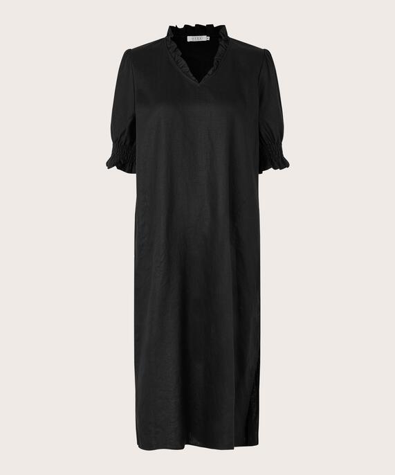 kurzärmliges Leinenkleid mit gerüschtem Ausschnitt, Black