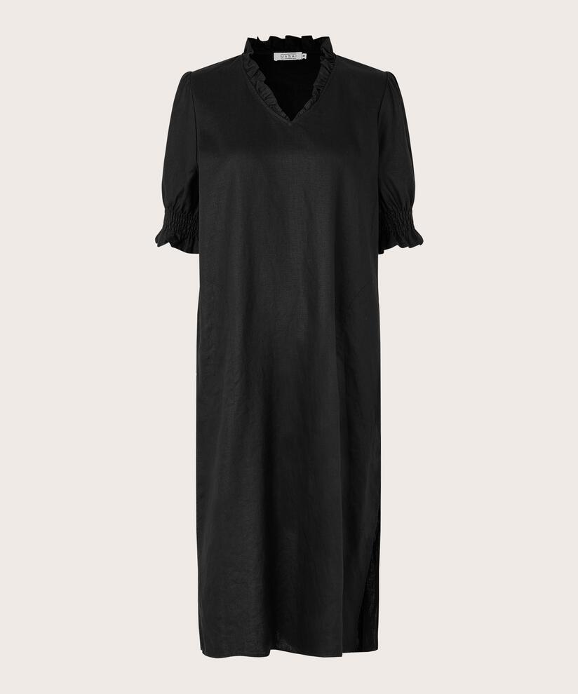 kurzärmliges Leinenkleid mit gerüschtem Ausschnitt, Black