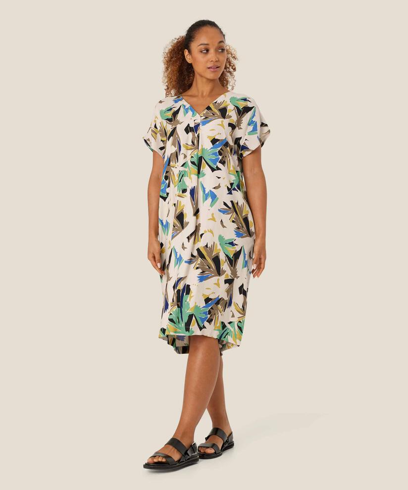 Kleid aus bedruckter Viskose mit V-Ausschnitt, Dusky Green