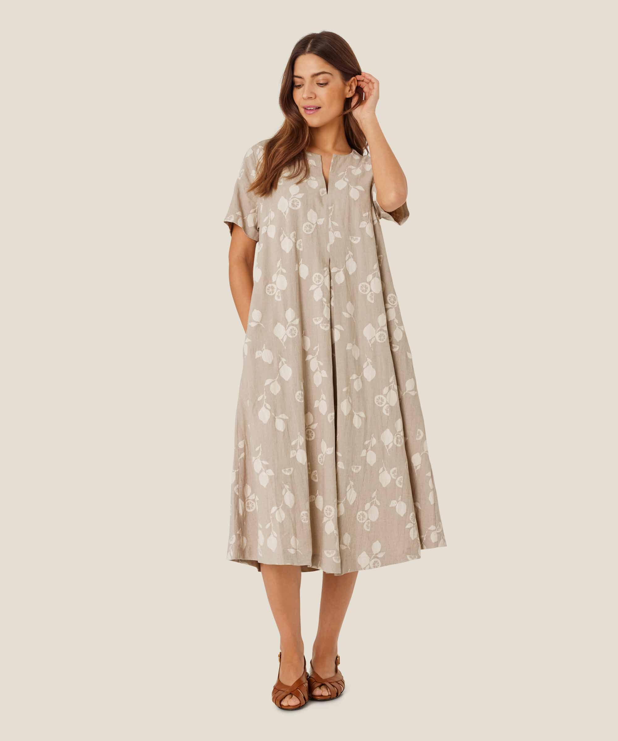 Bedrucktes Kleid aus Leinenmischung mit Seitentaschen, Natural
