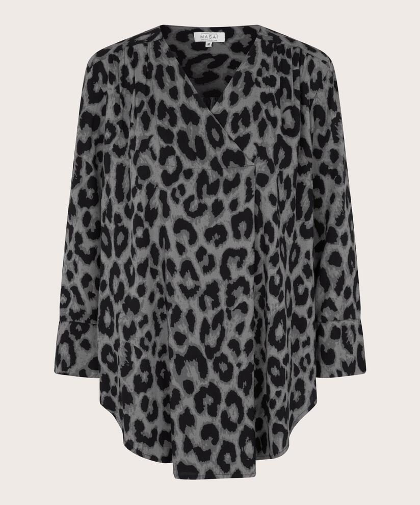 Gemusterte Viskose-Tunika mit Wickeleffekt, Steel Grey