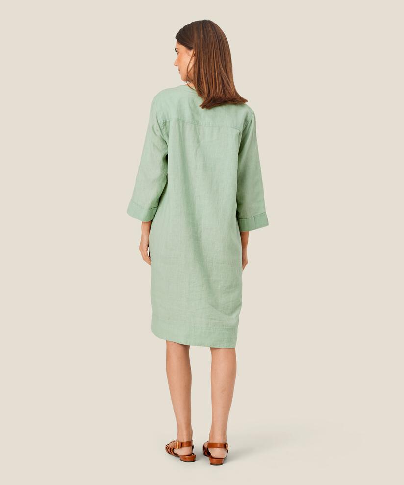 Leinenkleid mit V-Ausschnitt und Eingrifftaschen, Frosty Green