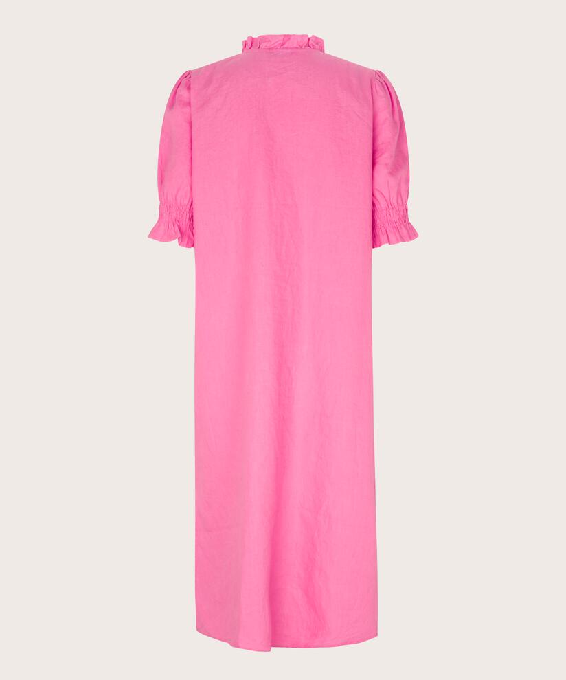 kurzärmliges Leinenkleid mit gerüschtem Ausschnitt, Azalea Pink