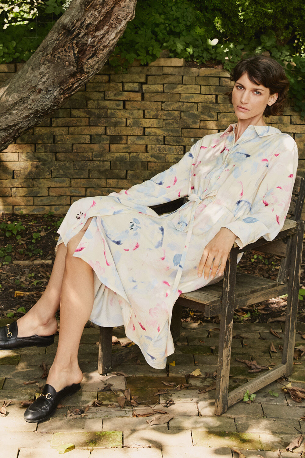 Hemdblusenkleid aus Viskose mit Blumenmuster - Primrose, kurzes Unterkleid mit verstellbaren Tr&auml;gern - Cream