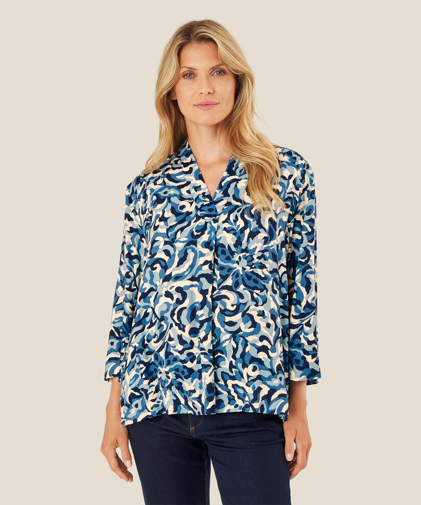 Bedruckte Viskosebluse mit V-Ausschnitt, Ashley Blue