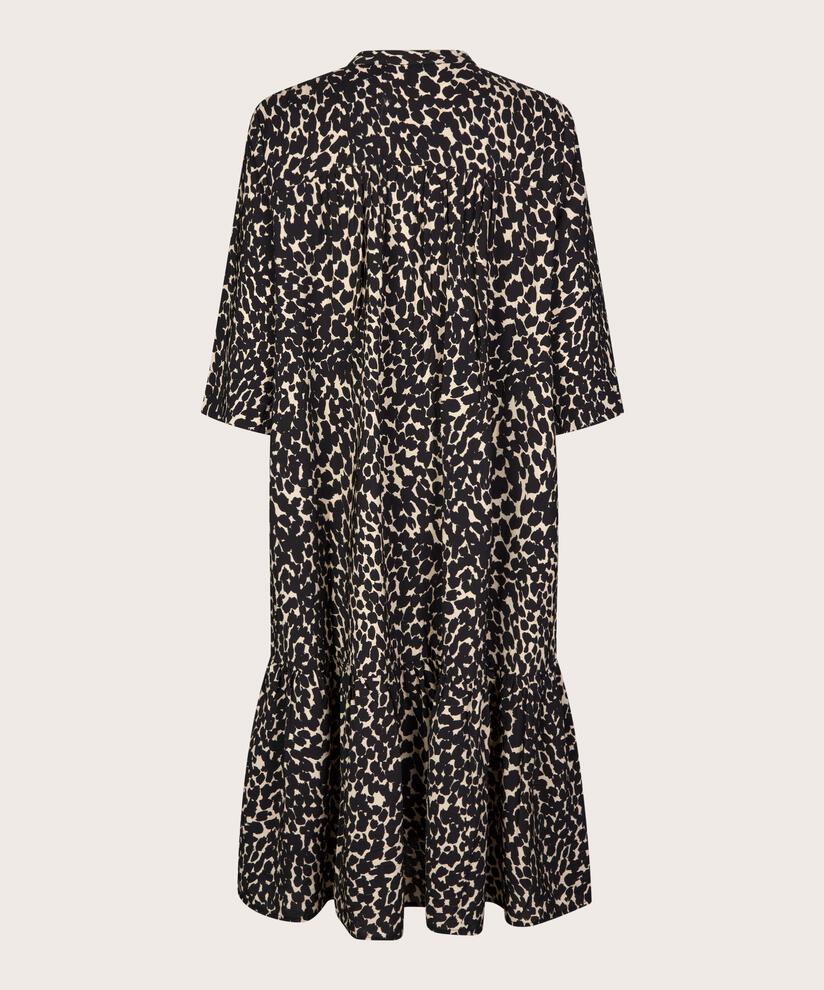 Gemustertes Viskosekleid mit Schlitz am Hals und Eingrifftaschen, Black