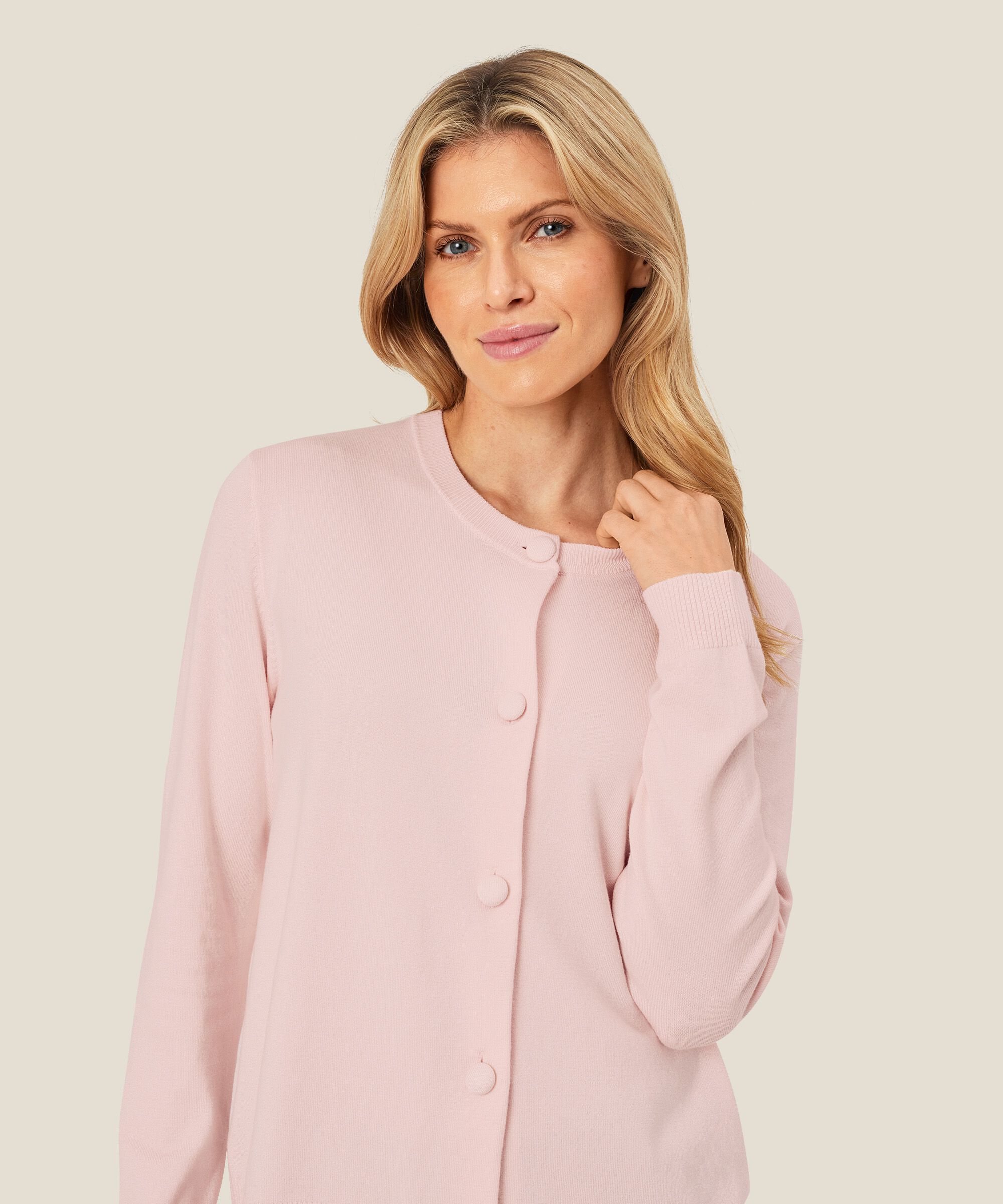 Feinstrick-Cardigan mit Rundhalsausschnitt, Mauve Chalk