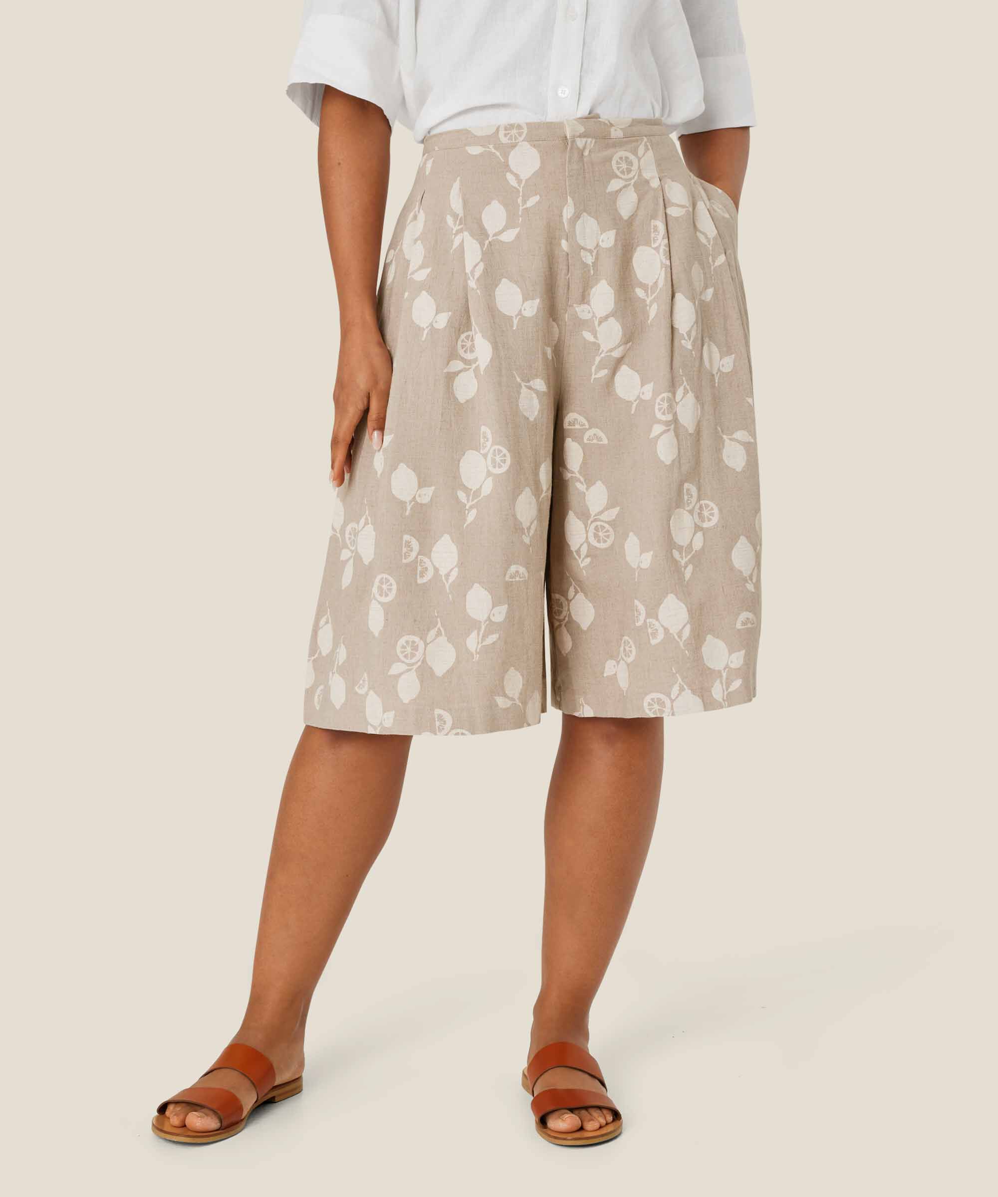 Bedruckte Shorts aus Leinenmischung mit festem Bund, Natural