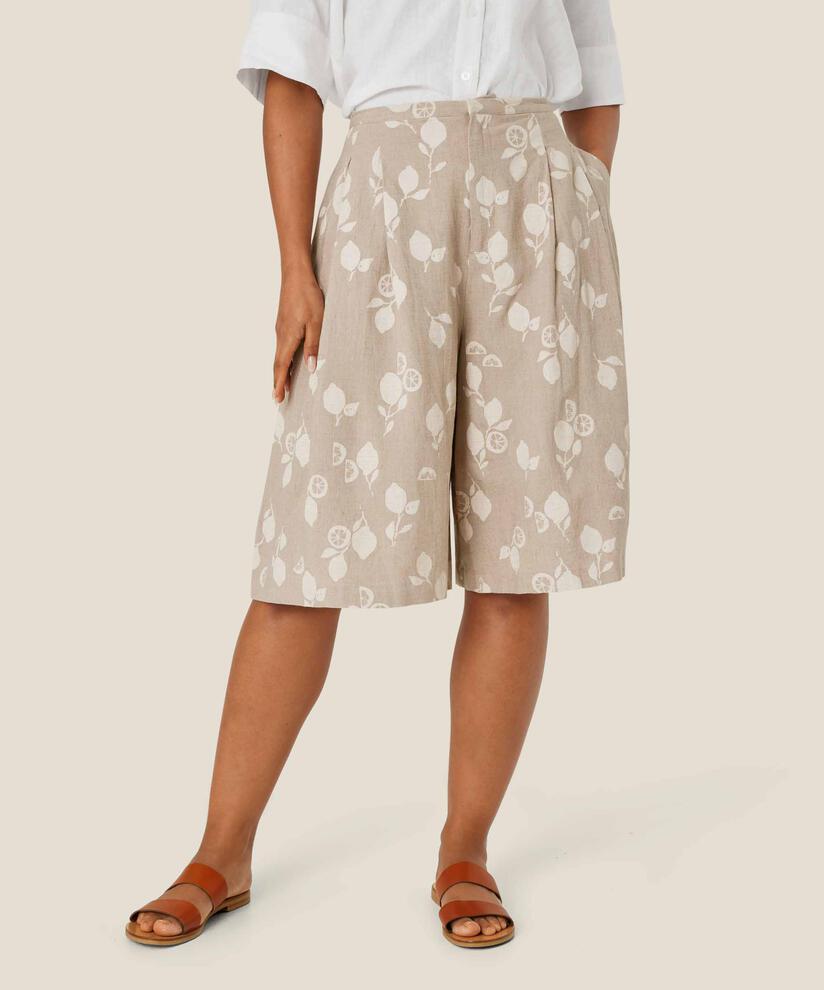 Bedruckte Shorts aus Leinenmischung mit festem Bund, Natural