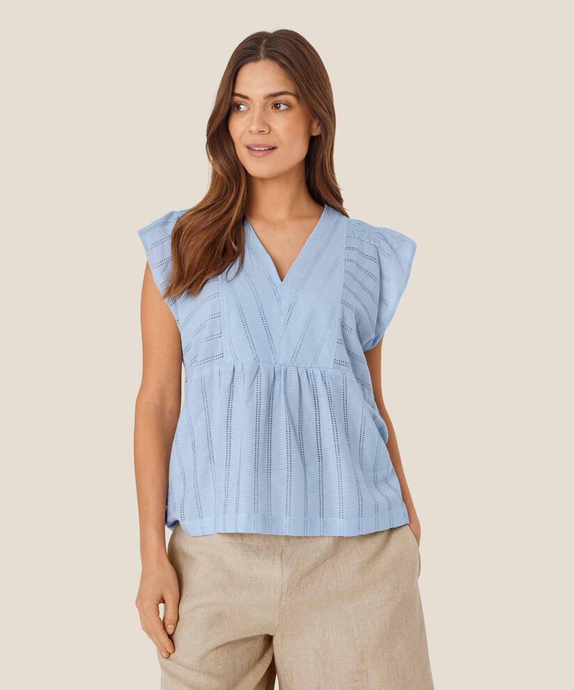 Top aus Baumwolle mit Hohlmuster und V-Ausschnitt, Cel Blue