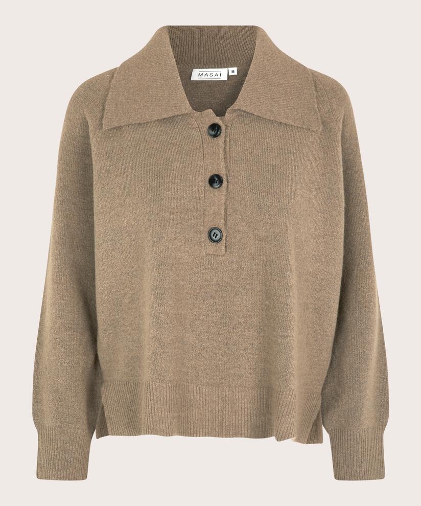 Strickpullover mit Kragen und Knöpfen, Mink melange