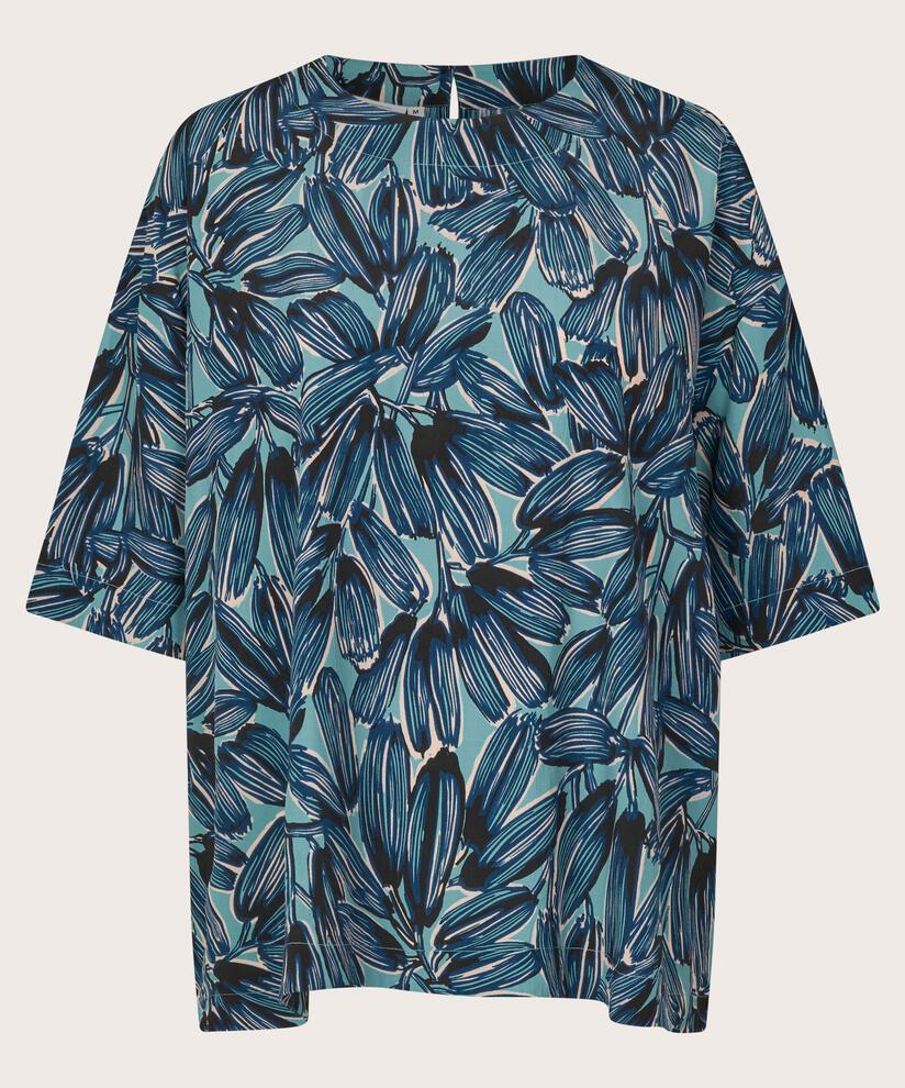 Bedruckte Viskosebluse mit Knopf am Hals, Teal