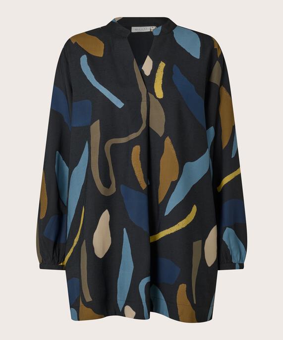 bedruckte Tunika mit V-Ausschnitt und Eingrifftaschen, Proven Blue