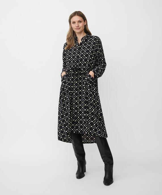 Durchgeknöpftes Viskosekleid mit Bindebändern, Black