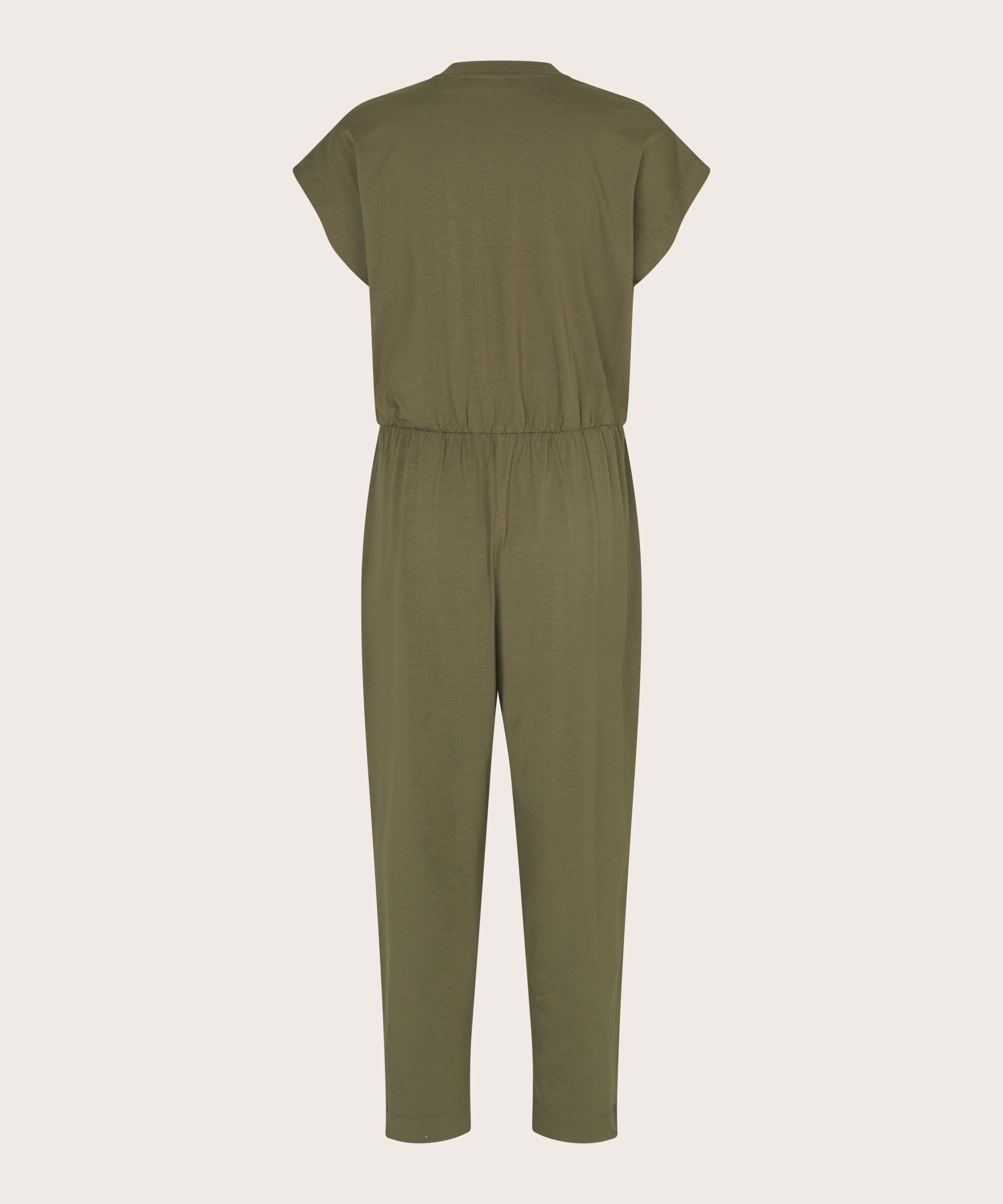 Jersey-Jumpsuit mit V-Ausschnitt und Knöpfen, Dusky Green