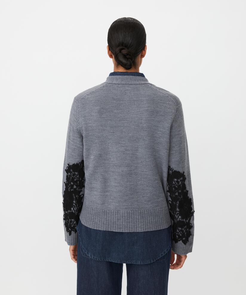Cardigan mit aufgenähter Spitze und gerippten Kanten, M. Grey mel.