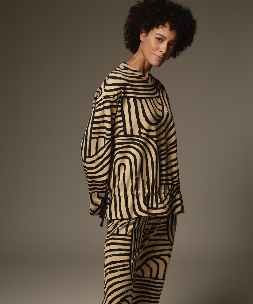 bedrucktes Jersey-Top mit Bindedetail, Travertine
