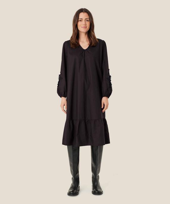Kleid mit V-Ausschnitt und floralen Details, Black