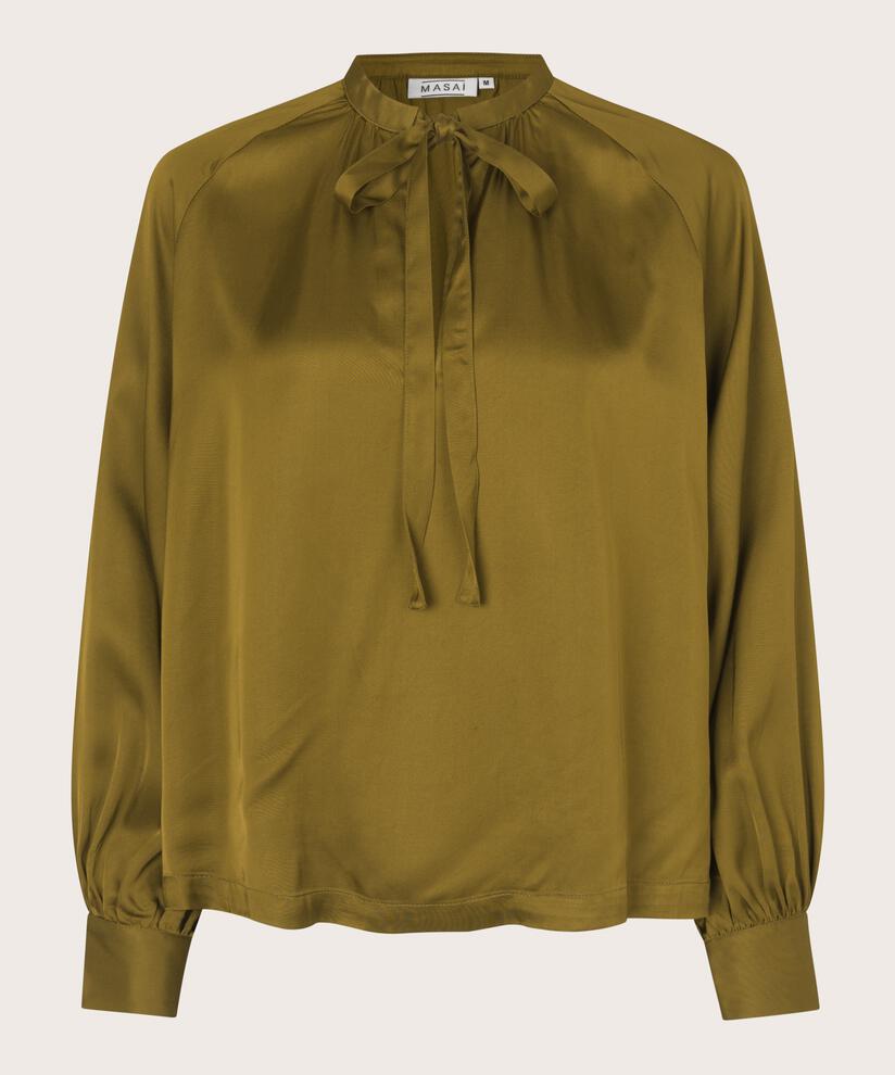 Bluse aus Viskosesatin mit Bindebändern am Hals, Plantation