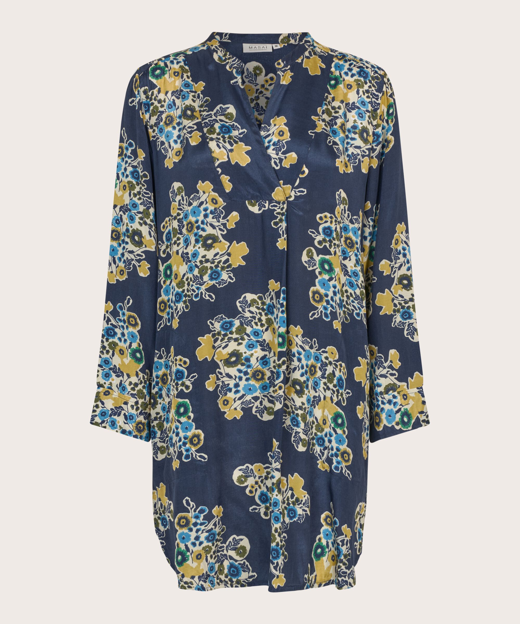 Geblümte Viskose-Tunika mit V-Ausschnitt, Mood Indigo